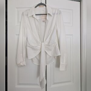 White Asymmetrical Tie-Front Long Sleeve Blouse